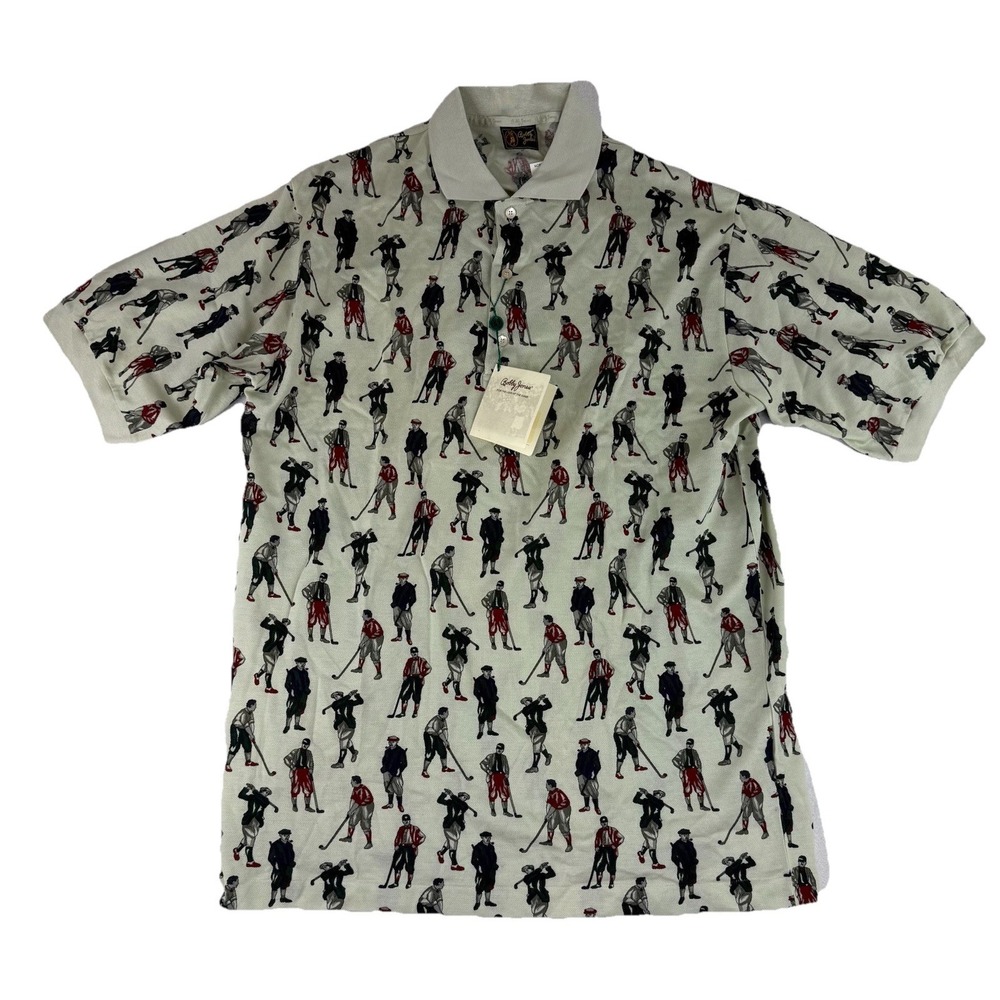 Bobby Jones Short Sleeve Golf Polo Shirt Mens Large All Over Print Italy VTG NOS